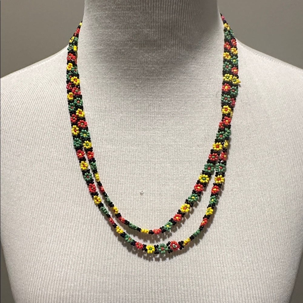 Multicolor floral Beaded red yellow and green Jamaica double layered Necklace